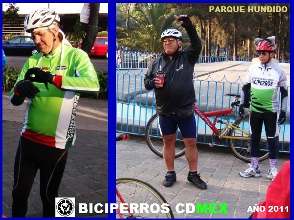 Jefes del Grupo Biciperros Ernesto y David y Saholin apoyo ciclista y barredora. Salida Parque Hundido CDMEX