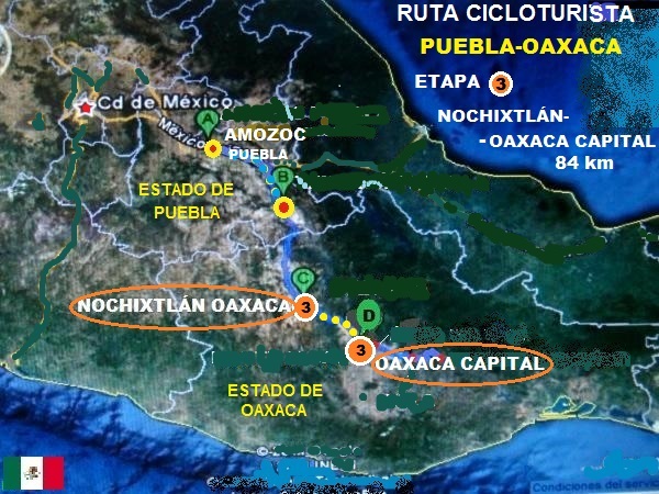 Mapa de ruta cicloturista Amozoc Puebla-Ciudad de Oaxaca. Etapa 3: Nochixtlán-Cd. de Oaxaca 84 km 
