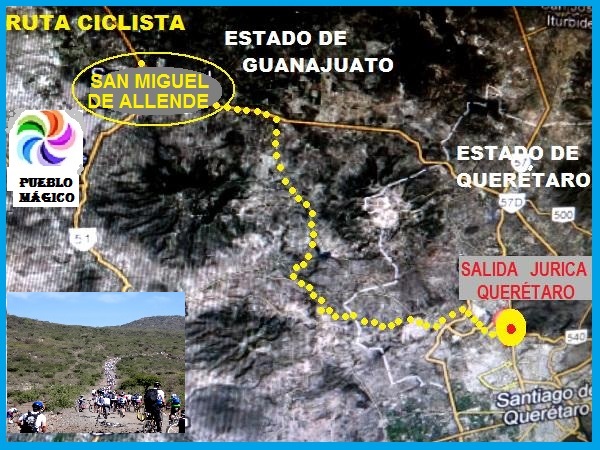 Mapa de ruta en bicicleta MTB de Querétaro a San Miguel de Allende Guanajuato Pueblo Mágico, Grupo Correcaminos Querétaro