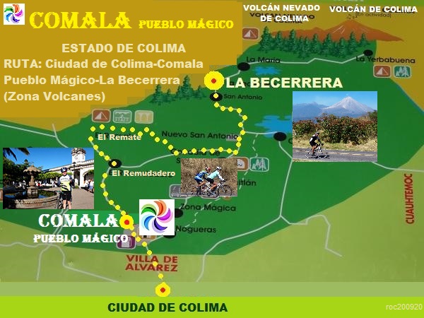 Mapa de ruta en bicicleta de Comala Pueblo Mágico ruta Ciudad de Colima hasta Hacienda La Becerrera y zona de volcanes de Colima