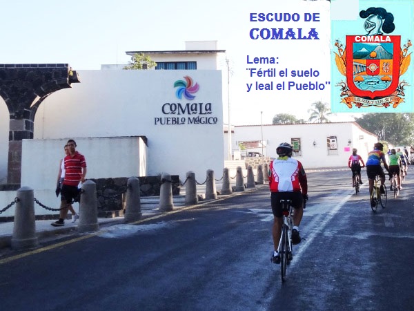 Comala Pueblo Mágico en bicicleta del Estado de Colima. Escudo de Comala, su lema: 