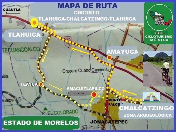 Mapa de ruta cicloturista del circuito Tlahuica-Chalcatzingo-Tlahuica. Pueblo y Zona Arqueologica, Jonacatepec Estado de Morelos México