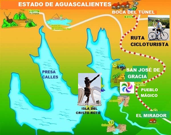 Mapa cicloturista del tramo Boca del Túnel-San José de Gracia Pueblo Mágico, ruta Rincón de Romos Estado de Aguascalientes