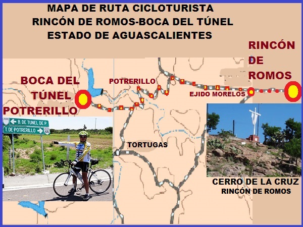 Mapa de ruta cicloturista Rincón de Romos, Ejido Mrelos, Potrerillo y Boca del Túnel de Potrerillo