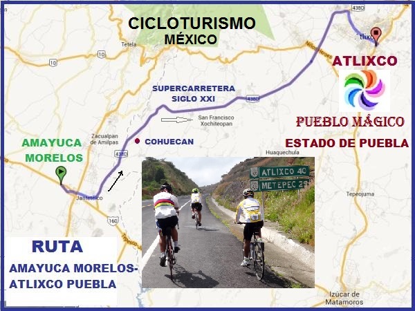 Ruta en bicicleta Amayuca Estado de Morelos a Atlixco Pueblo Mágico Estado de Puebla. Altimetría 