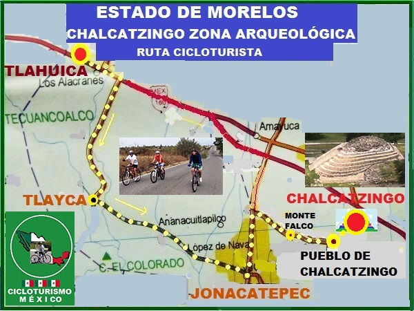 Mapa de ruta cicloturista Tlahuica-Tlayca-Jonacatepec-Montefalco.Pueblo de Chalcatzingo y Zona Arqueológica de Chalcatzingo, Estado de Morelos. Cicloturismo México