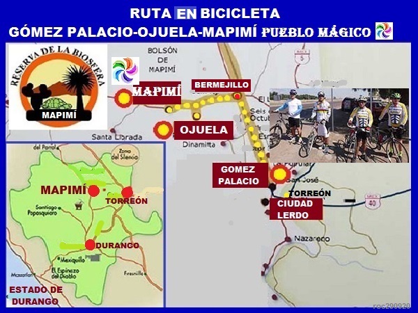 Mapa de ruta en bicicleta: Gómez Palacio, Bermejillo, Ojuela y Mapimí Pueblo Mágico, Estado de Durango
