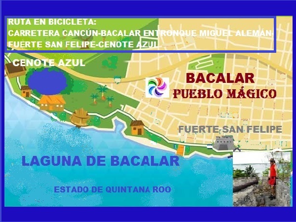 Mapa de ruta en bicicleta de Bacalar Pueblo Mágico-Laguna Bacalar-Fuerte San Felipe y Cenote Azul 