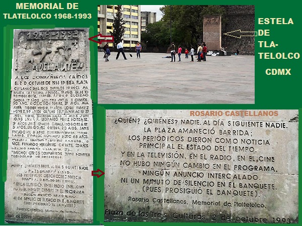 Monumento en res Explanada de Las tres Culturas de Tlatelolco, con incripciones de los nombros de las víctimas de 1968 y poema de Rosario Castellanos. Alcaldía Cuauhtémoc, Ciudad de México, senderismo urbano