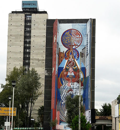 Mural en el edificio General Anaya de Tlatelolco ''Raiz y Expresión de México '' 1977 del muralista y artista plástico Nicandro Puente Eguía. El cual fué borrado en 2019. Alcaldía Cuautémoc, Cd. de México