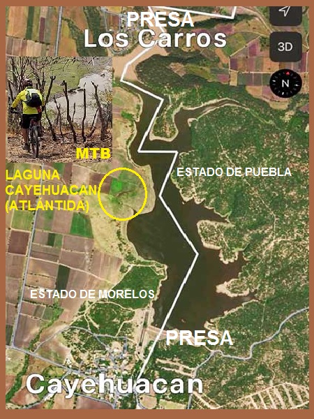 Mapa localización de Laguna Cayahuacán (Atlántida), entre las Presas Los Carros y Cayehuacan, limítrofe con con los estados de Puebla y Morelos. Ciclismo de montaña. Grupo FitFat Bikers 