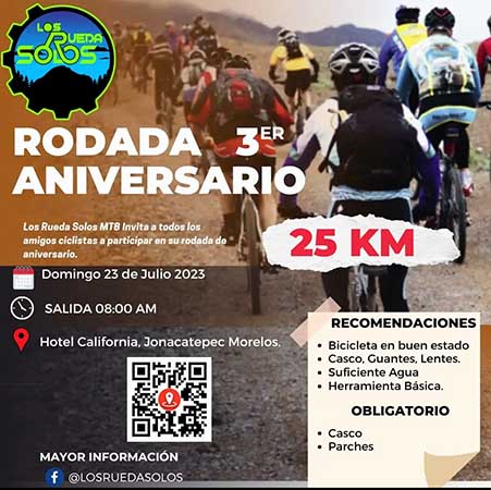 Póster informativo de Rodada MTB 3er aniversario Los Rueda Solos 25km. Estado de Morelos. 2023