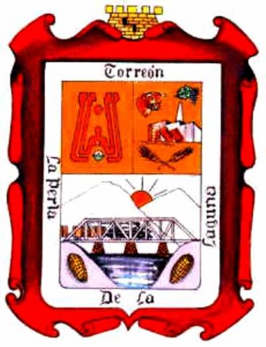 Escudo de Torreón. Significado: Una torre símbolo de la ciudad, el río nazas y el FFCC, su producción de algodón, trigo, vid, ganadería e Industria