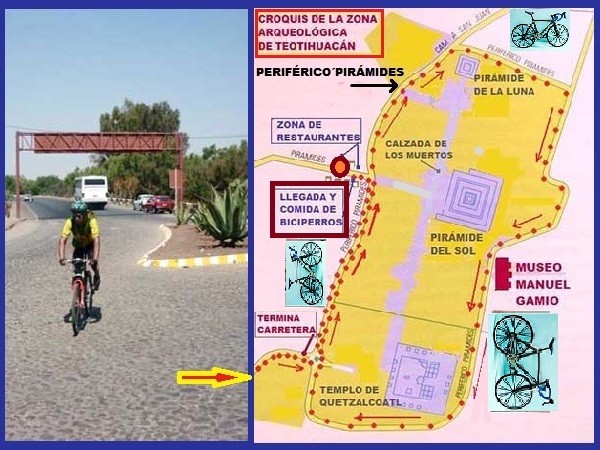 Biciperro y croquis del Periférico Pirámides de Tetihuacán, camino empedrado. Estado de México