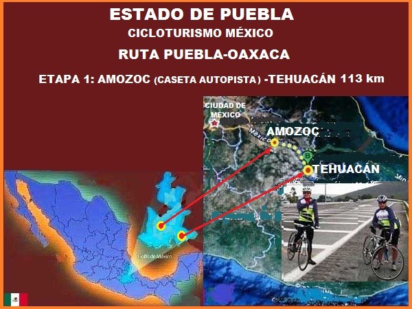 Mapa del Estado de puebla, ubicación geográfica y localización de ruta cicloturista Amozoc-Tehuacán. Cicloturismo México