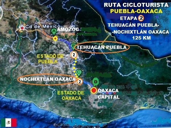 Mapa de ruta cicloturista etapa 2 Tehuacán Puebla a Nochixtlán Oaxaca, 125 km.  Ruta Puebla-Oaxaca