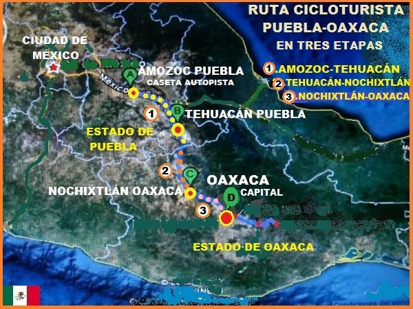 Mapa de ruta cicloturista Puebla-Oaxaca  322 km. en tres etapas