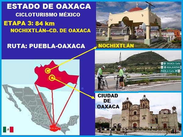 Mapa de ubicación del Estado de Oaxaca, de Nochixtlán y Ciudad de Oaxaca. Etapa 3 Ciloturismo México