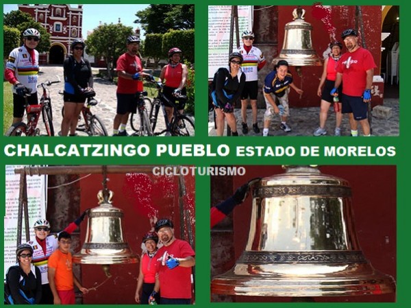 Campana de la Iglesia de San Mateo de Chalcatzingo y cicloturistas. Estado de Morelos. México