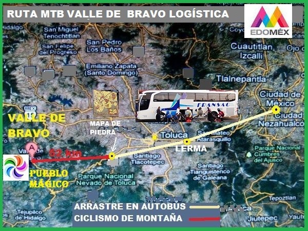 Logística de la ruta  Valle de Bravo Pueblo Mágico, con traslado en autobús de la Ciudad de México Y Lerma Estado de México al lugar llamado Mapa de Piedra carretera 134