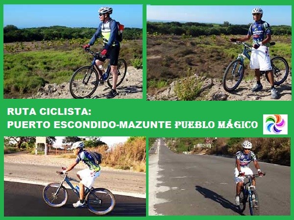 Cicloturistas en carretera Puerto Escondido a Mazunte Pueblo Mágico, Estado de Oaxaca