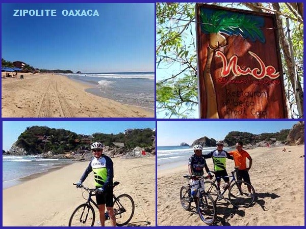 Cicloturistas en la Playa Zipolite de Mazunte Pueblo Mágico ruta Puerto Escondido-Puerto Ángel