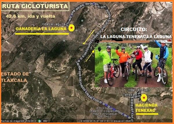Mapa de ruta en bici de montaña Haciendas La Laguna y Tenexac, Estado de Tlaxcala