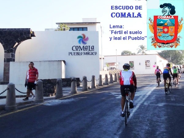 Comala Pueblo Mágico en bicicleta del Estado de Colima. Escudo de Comala, su lema: