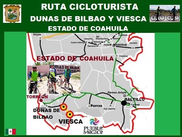 Mapa de ruta en bicicleta de Villa de Bilbao-Dunas-Viesca Pueblo Mágico, Estado de Coahuila