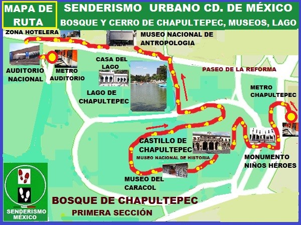 Senderismo urbano, mapa de ruta Chapultepec 1a- sección con sus museos, lago y zona Hotelera de Reforma