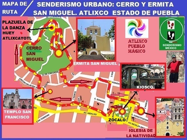 Mapa de ruta del camino desde el centro de Atlixco  al Cerro y Ermita de San Miguel, Estado de Puebla, México