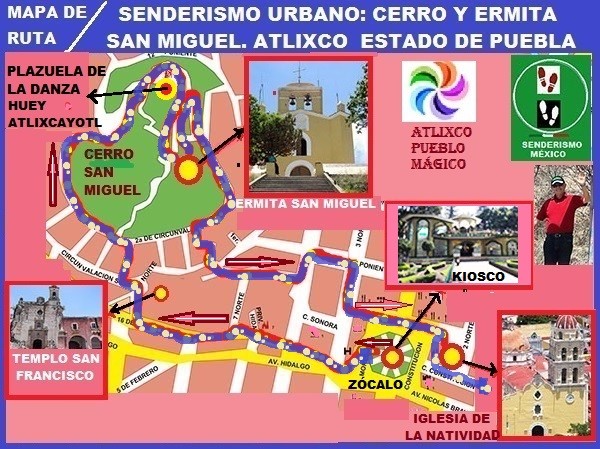 Mapa de ruta de senderismo urbano Atlixco-Cerro de San Miguel, Estado de Puebla, México