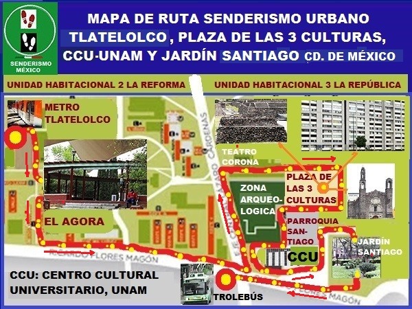 Mapa de ruta de senderismo urbano por Plaza de las Tres Culturas y Jardín Santiago Nonoalco-Tlatelolco, Alcaldía Cuauhtémoc, Ciudad de México