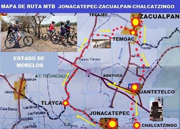 Mapa de ruta ciclista MTB: Jonacatepec-Tlayca-Acueducto Tecajec-Temoac-Zacualpan-Jantetelco-Chalcatzingo --Amayuca Estado de Morelos